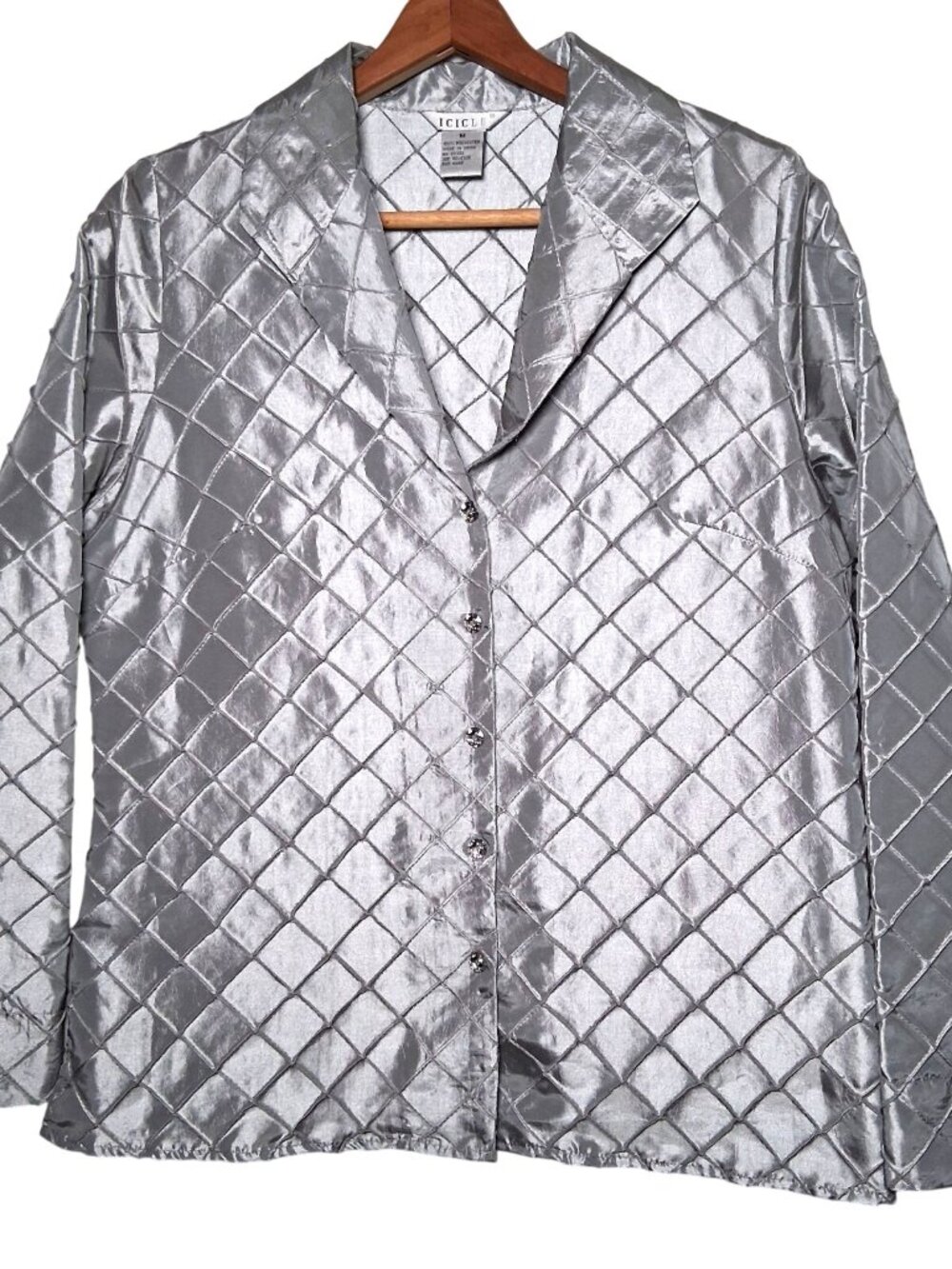 Icicle Blouse Medium Silver Rhinestone Button Long Sleeve Party Wedding Mermaid